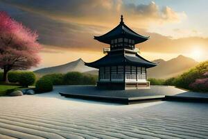 un pagoda en el medio de un Desierto con rosado arboles generado por ai foto