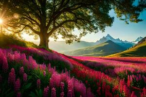 the sun shines over a field of pink flowers and mountains. AI-Generated photo