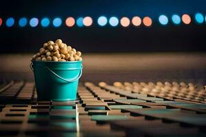 a bucket of peanuts on a table. AI-Generated photo