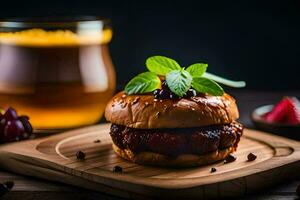 a hamburger with a side of tea. AI-Generated photo