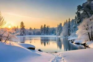 a snowy lake surrounded by trees at sunset. AI-Generated photo