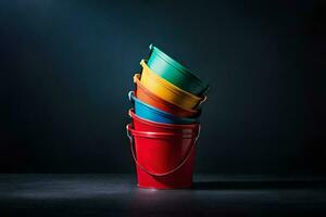 a stack of colorful buckets on a dark background. AI-Generated photo