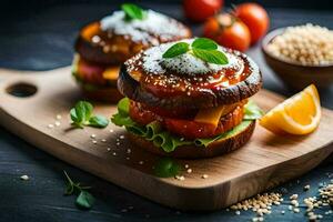 two hamburgers with cheese and tomatoes on a cutting board. AI-Generated photo