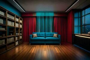 a room with a blue couch and bookshelves. AI-Generated photo