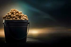 a bucket full of peanuts on a table. AI-Generated photo