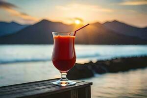 a glass of red drink on a wooden table in front of the ocean. AI-Generated photo