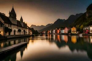 el hermosa pueblo de hallstatt, Austria. generado por ai foto