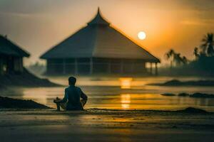 el hombre es meditando en frente de el playa a puesta de sol. generado por ai foto