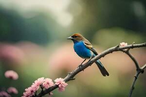 un azul pájaro se sienta en un rama con rosado flores generado por ai foto