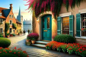 a painting of a street with flowers and a blue door. AI-Generated photo