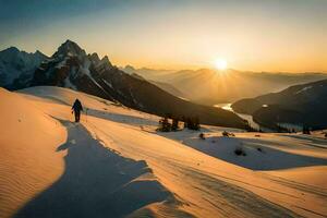 un persona caminando en nieve en frente de un montaña a puesta de sol. generado por ai foto