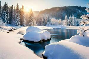 photo wallpaper the sky, snow, trees, river, sun, river, water, rocks,. AI-Generated