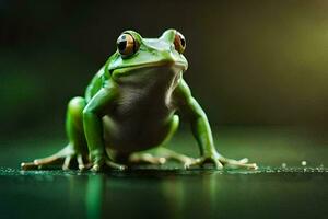 a frog is sitting on a green surface. AI-Generated photo