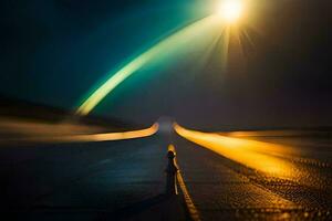 a long exposure photograph of a person standing on a road. AI-Generated photo