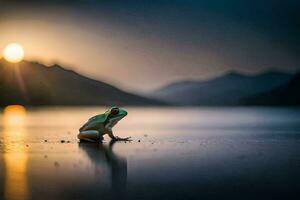 a frog sitting on the shore of a lake at sunset. AI-Generated photo