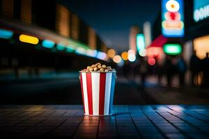 a red and white striped bucket of popcorn sitting on the street. AI-Generated photo