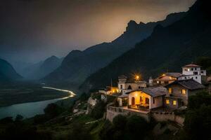 un casa en el montañas a noche. generado por ai foto