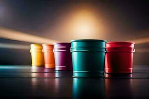 colorful plastic buckets on a wooden table. AI-Generated photo