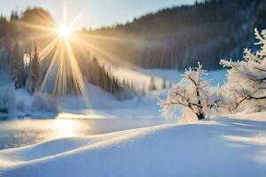 photo wallpaper the sky, snow, trees, lake, sun, trees, winter, the sun. AI-Generated