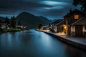 un río en el medio de un pueblo a noche. generado por ai foto