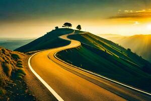 a winding road in the mountains with the sun setting. AI-Generated photo