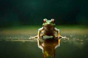 a frog sitting on the water with its reflection. AI-Generated photo