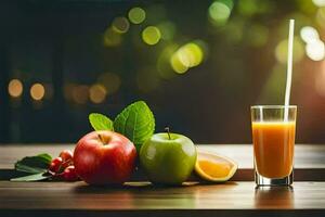 a glass of juice and apples on a table. AI-Generated photo