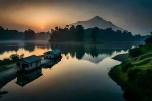 a lake with two small houses on the shore. AI-Generated photo