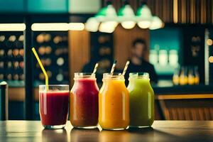 five different colored smoothies in jars on a table. AI-Generated photo