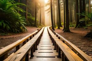 a wooden walkway in the middle of a forest. AI-Generated photo