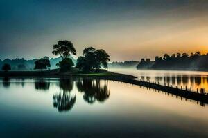 a lake with trees and a sunrise. AI-Generated photo