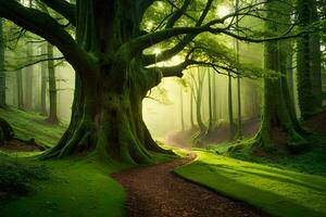 a path leads through a green forest with a tree. AI-Generated photo