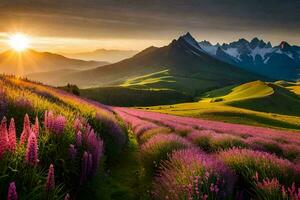 the sun rises over a field of purple flowers. AI-Generated photo