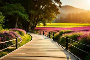 wooden path leading to lavender field at sunset. AI-Generated photo