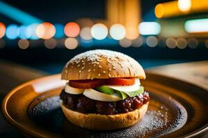 a hamburger is sitting on a plate with a city view. AI-Generated photo