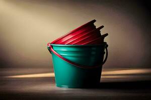 a red bucket with a green lid sitting on a table. AI-Generated photo