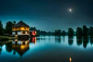 photo wallpaper the moon, lake, house, the moon, the lake, the house, the. AI-Generated