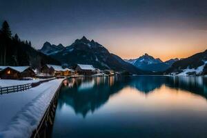 un lago y montaña rango a puesta de sol. generado por ai foto