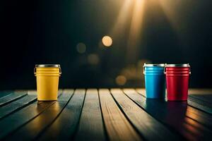 three colorful cups on a wooden table. AI-Generated photo