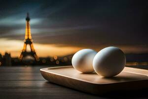 two eggs on a tray in front of the eiffel tower. AI-Generated photo