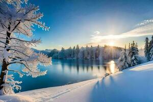 winter landscape with snow covered trees and lake. AI-Generated photo