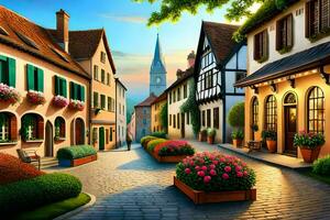 an illustration of a street in a european town. AI-Generated photo