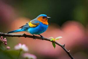 a blue and orange bird sits on a branch. AI-Generated photo