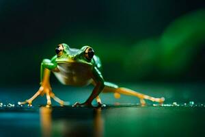 a frog is standing on a wet surface. AI-Generated photo