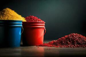 two buckets of red and yellow seeds. AI-Generated photo