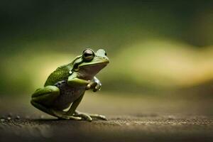 a frog sitting on the ground with its legs spread. AI-Generated photo