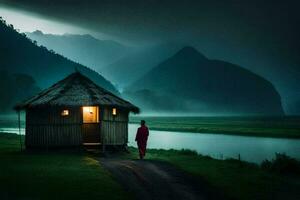 a man standing in front of a hut by a river. AI-Generated photo