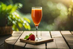 a glass of orange juice with a strawberry on a wooden table. AI-Generated photo