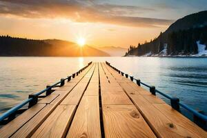 a wooden pier stretching out into the water at sunset. AI-Generated photo