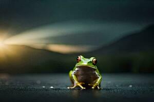 a frog sitting on the ground in front of a sunset. AI-Generated photo